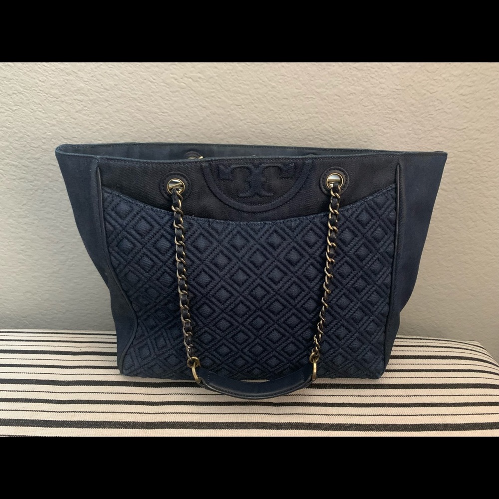 Tory burch denim tote with chain strap
